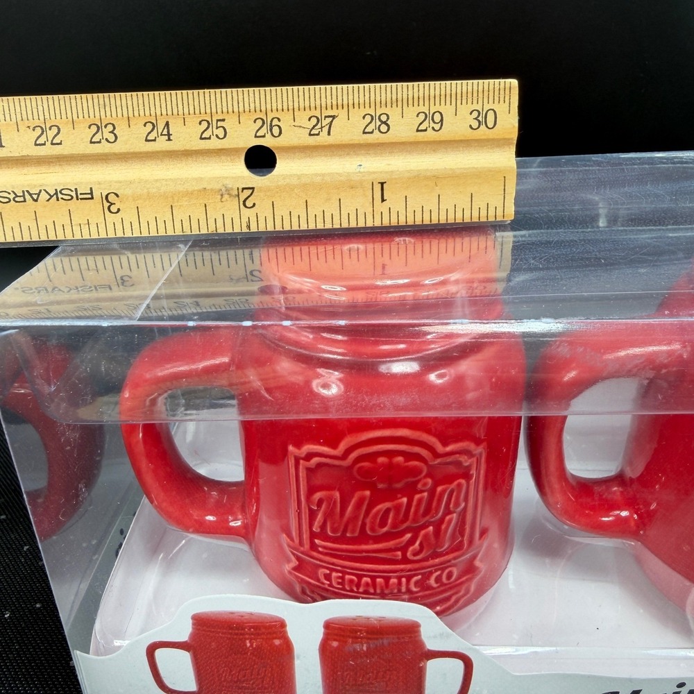 American Atelier Main St Ceramic Co Red Mason Jar Mug Salt and Pepper Shaker Set - Picture 3 of 11